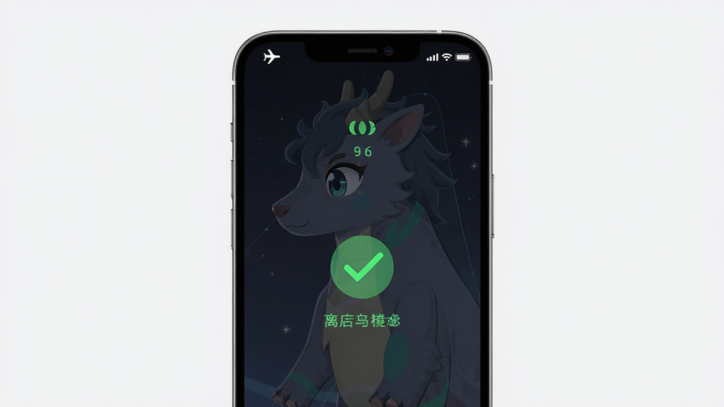 魔法小麟 离线模式 展示手机开启飞行模式后软件仍正常运行 布局为手机屏幕竖版 排版为顶部状态栏显示飞行模式图标 风格为简洁科技 细节包含绿色对勾与离线标识 画质高清 干净 无多余元素