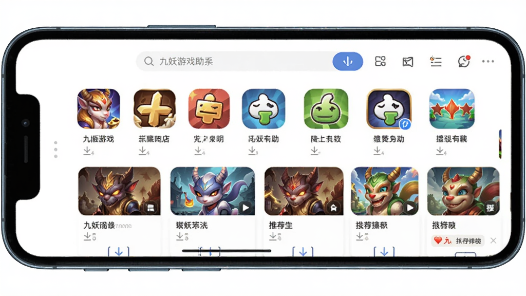 一张展示九妖游戏助手主界面的图片,主体为居中放置的智能手机,屏幕显示九妖游戏助手应用商店首页,布局上方为搜索框,下方为游戏分类图标与推荐游戏列表,排版整齐,风格为现代科技感UI设计,细节包含游戏图标、下载按钮与排行榜标签,画质清晰,干净,无多余元素