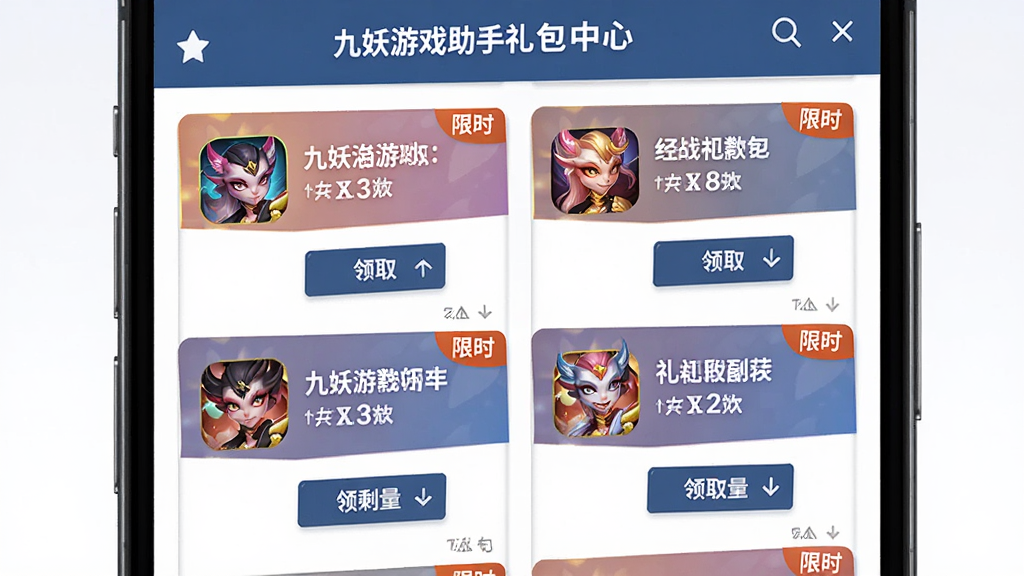 一张展示九妖游戏助手礼包中心页面的图片,主体为手机屏幕特写,屏幕内显示多个游戏礼包卡片,卡片上有游戏图标、礼包名称与领取按钮,布局为两列网格排列,风格为鲜艳活泼的电商促销风格,细节包含限时标签与剩余数量提示,画质清晰,干净,无多余元素