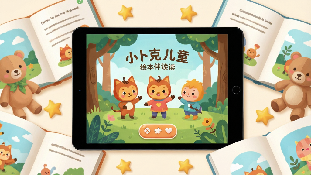 小卜克儿童绘本伴读应用主界面展示,画面中央放置一台平板电脑,屏幕上显示色彩鲜艳的绘本封面与卡通角色,周围环绕着翻开的纸质绘本、毛绒玩具和星星装饰,布局采用中心聚焦式,排版疏朗有致,风格为温暖治愈的扁平插画风,细节上突出绘本画面的层次感与界面按钮的圆润造型,画质清晰明亮,背景干净无多余元素。