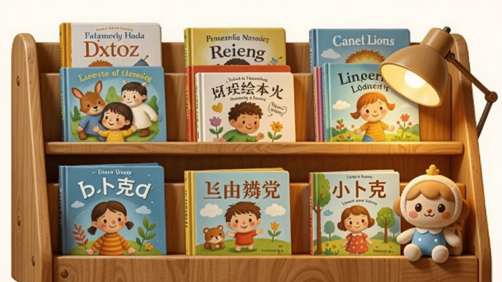 小卜克海量正版绘本资源展示,画面中一个虚拟书架整齐排列着各类儿童绘本封面,书架采用木质纹理设计,旁边放置一盏暖光台灯和一个小卜克吉祥物玩偶,布局为纵向分层排列,风格为温馨家居写实风,细节上突出绘本封面的色彩丰富度与书架质感,画质细腻干净,无杂乱背景元素。