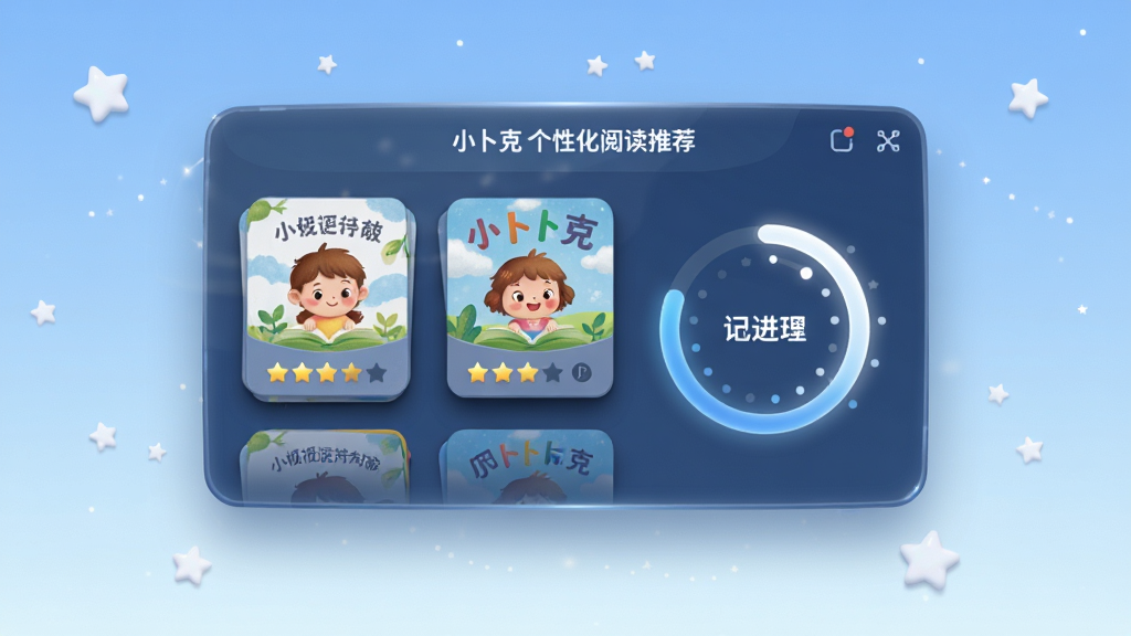 小卜克个性化阅读推荐界面,画面展示一个悬浮的智能推荐面板,面板上排列着带有星级评分的绘本卡片与阅读进度环,背景为渐变的淡蓝色星空,布局为居中悬浮式,风格为科技感与童趣结合的轻拟物风,细节上突出卡片阴影与进度环的光泽质感,画质清晰干净,无多余元素。