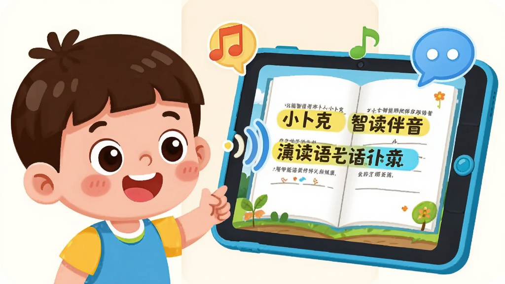 小卜克智能语音伴读功能界面,画面展示一个卡通儿童正对着平板电脑微笑,屏幕上显示绘本页面且文字带有高亮效果,旁边漂浮着音符与对话气泡图标,布局为左右分栏式,风格为活泼明快的2D卡通风,细节上突出语音波纹动画与高亮文字的对比,画质清爽干净,无多余装饰。