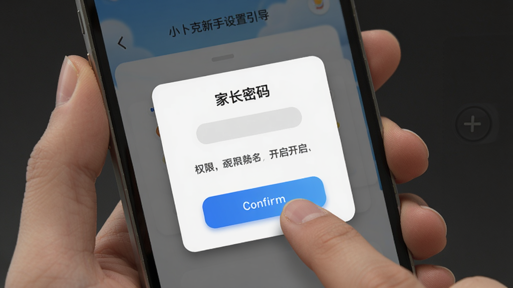 小卜克新手设置引导界面,画面展示一部智能手机屏幕,屏幕上显示家长密码设置弹窗与权限开启提示,手指正点击确认按钮,布局为手持手机特写,风格为简洁UI演示风,细节上突出弹窗的阴影层次与按钮的高亮状态,画质清晰干净,无多余背景。