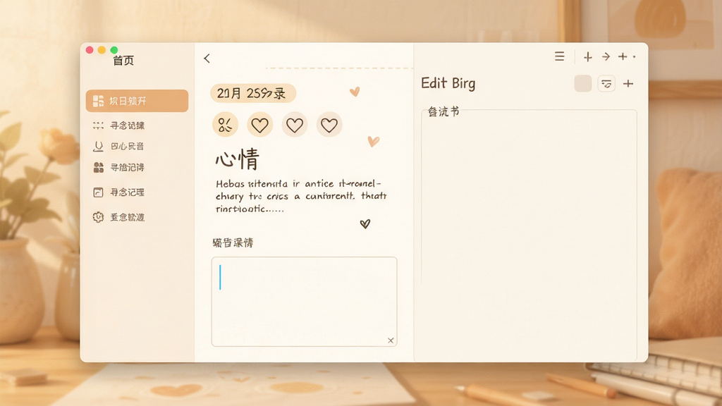 Ѱ�����������棬��������չʾ������µ��ռǼ�¼ҳ�棬���Ϊ���ܵ��������Ҳ�Ϊ�༭���򣬱���Ϊ��͵�ůɫ�������岼�ֲ������ҷ����Ű棬�����ܰ������ϸ�ڰ������ڱ�ǩ������ͼ�ꡢ��������򣬻��������ɾ����޶���Ԫ��