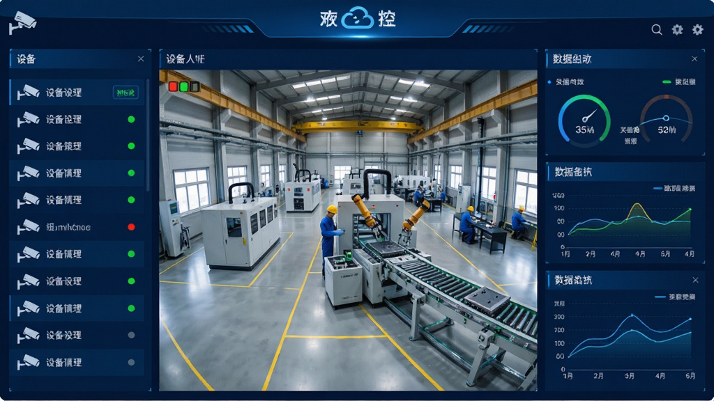 工业云监控软件界面全貌,画面中央展示工厂车间实时监控画面,左侧为设备列表,右侧为数据仪表盘,整体布局清晰,采用深蓝色科技风格,细节包含摄像头图标、设备状态指示灯、数据曲线图,画质清晰,干净,无多余元素