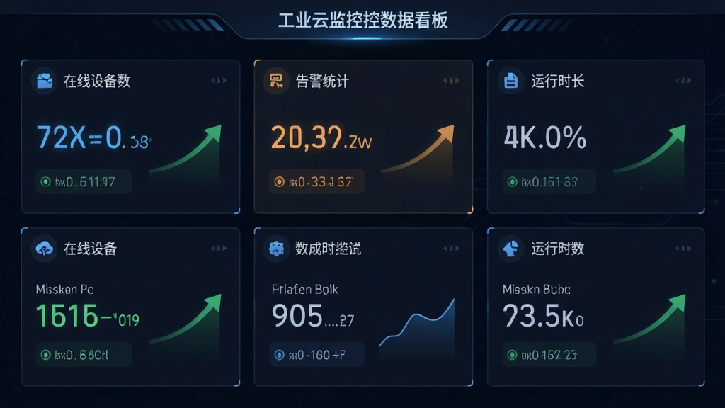 工业云监控数据看板总览界面,画面中央为多个数据卡片,展示在线设备数、告警统计、运行时长等指标,布局为三列网格,风格为深色科技风,细节包含数字高亮、趋势箭头、图标装饰,画质清晰,干净,无多余元素