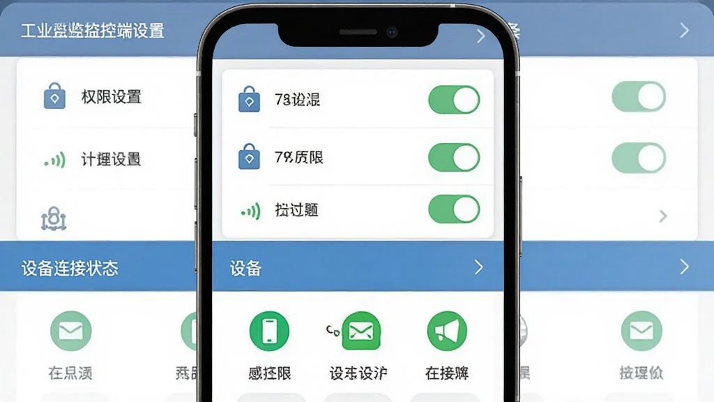 工业云监控手机端操作界面,画面展示权限设置页面与设备连接状态,布局为上下结构,上方为权限开关列表,下方为设备在线状态图标,风格简洁明了,细节包含权限图标、连接信号标识,画质清晰,干净,无多余元素