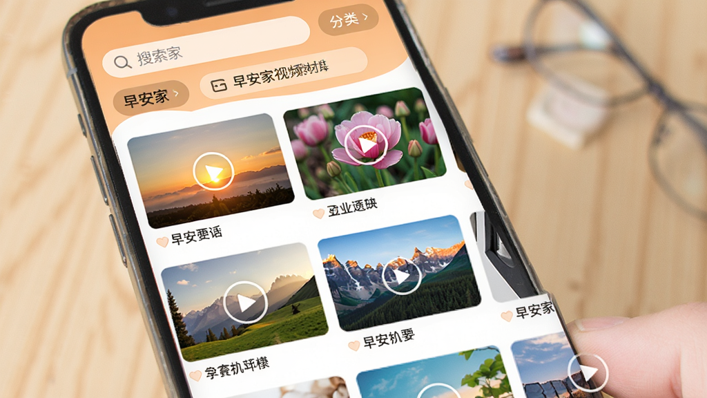 �簲����Ƶ�زĿ���棬����չʾ�ֻ���Ļ���簲��APP����Ƶ�б�ҳ�棬��Ļ�������Ŷ���簲��Ƶ����ͼ������ͼ���ݰ����ճ������䡢ɽˮ�羰��Ԫ�أ�ÿ������ͼ�·���ע����Ƶ�������ƣ����涥�����������ͷ���ɸѡ��ť��������ɫ��ů��ͣ������������޶���Ԫ�أ����廭��