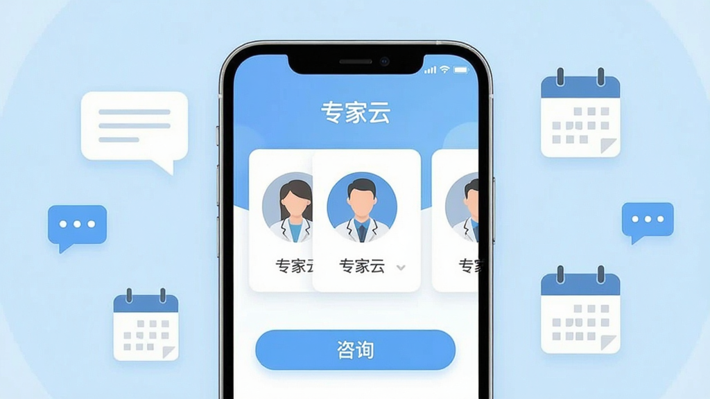 画面中央放置一部智能手机,屏幕显示“专家云”应用主界面,界面内有专家头像卡片与咨询按钮,背景为浅蓝色渐变,周围环绕简洁的对话气泡与日历图标,整体采用扁平化设计风格,构图居中对称,色调清爽干净,画质清晰,无多余元素