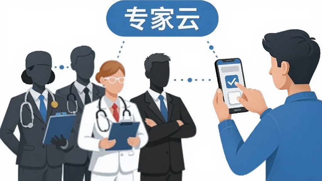 一张横向构图的数字插画,左侧是不同职业形象的专家人物剪影,右侧是用户手持手机进行选择,中间用虚线连接,画面顶部有“专家云”文字标识,风格简洁商务,配色以蓝白灰为主,画质干净,无杂乱装饰