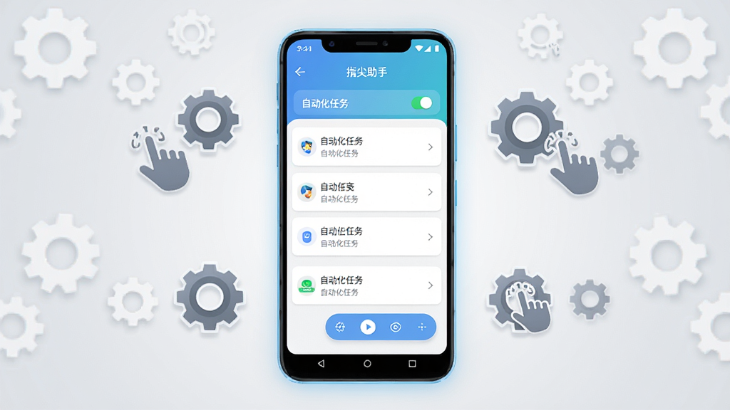 画面中央放置一部安卓手机,手机屏幕显示“指尖助手”应用主界面,界面包含自动化任务列表和悬浮控制按钮,手机周围环绕简洁的齿轮与手指点击图标,整体布局采用居中对称排版,风格为扁平化科技感,细节上手机边缘有微光勾勒,背景为浅灰渐变,画质清晰干净,无多余元素