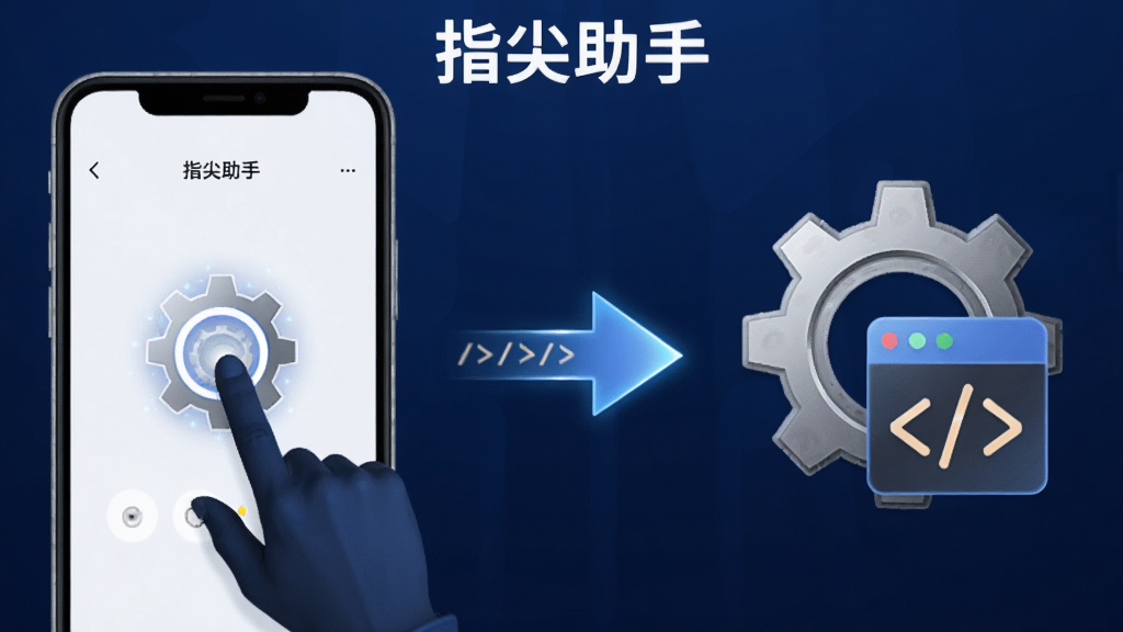 画面展示“指尖助手”自动化操作流程图,左侧为手机屏幕显示点击目标,中间用箭头连接右侧的齿轮与代码块图标,整体布局为横向流程式排版,风格为简约科技插画,细节上箭头带有光效,齿轮呈现金属质感,背景为深蓝渐变,画质干净清晰,无多余元素