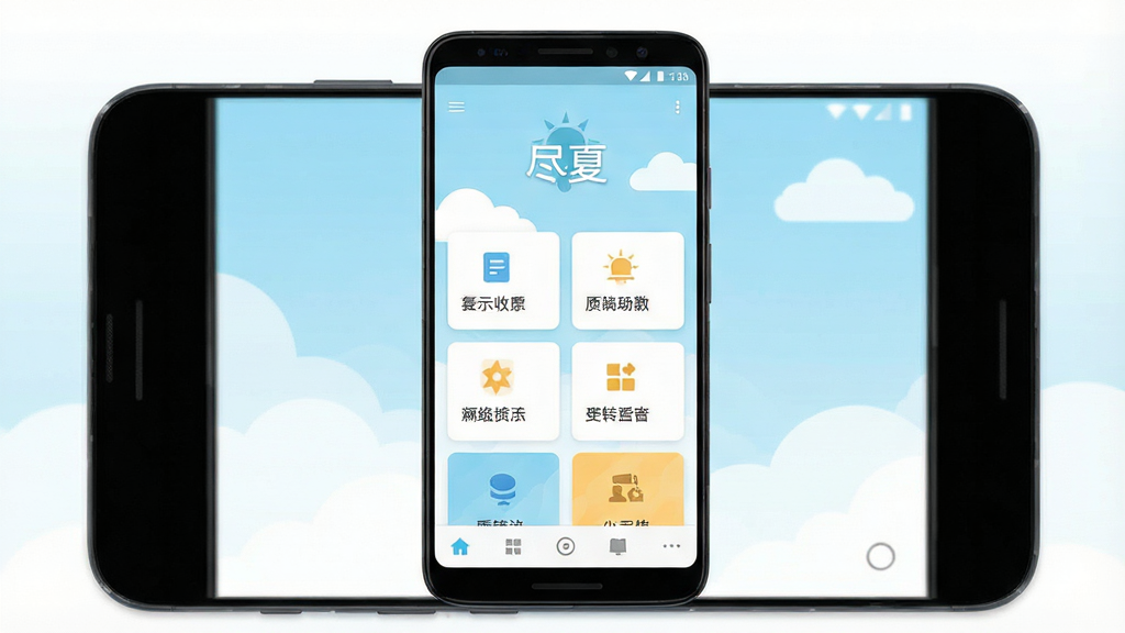 一张展示“尽夏”软件主界面的手机预览图,画面中央是一部竖屏安卓手机,屏幕内显示清爽的夏日主题UI,背景有淡蓝色天空和白色云朵元素,界面布局简洁,顶部有“尽夏”文字标识,中部为功能卡片网格,底部为导航栏,整体风格清新明亮,画质干净,无多余元素,扁平化设计,文字清晰可辨。