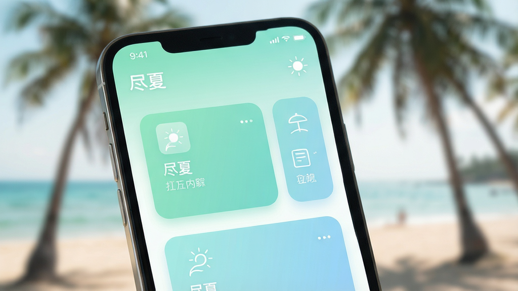 一张展示“尽夏”软件内部清新界面的特写图,画面主体为手机屏幕,屏幕内呈现薄荷绿与浅蓝渐变的卡片式布局,卡片上带有简约图标和文字说明,背景为虚化的夏日海滩与棕榈树剪影,整体色调柔和,画质干净,无多余元素,文字内容包含“尽夏”字样。