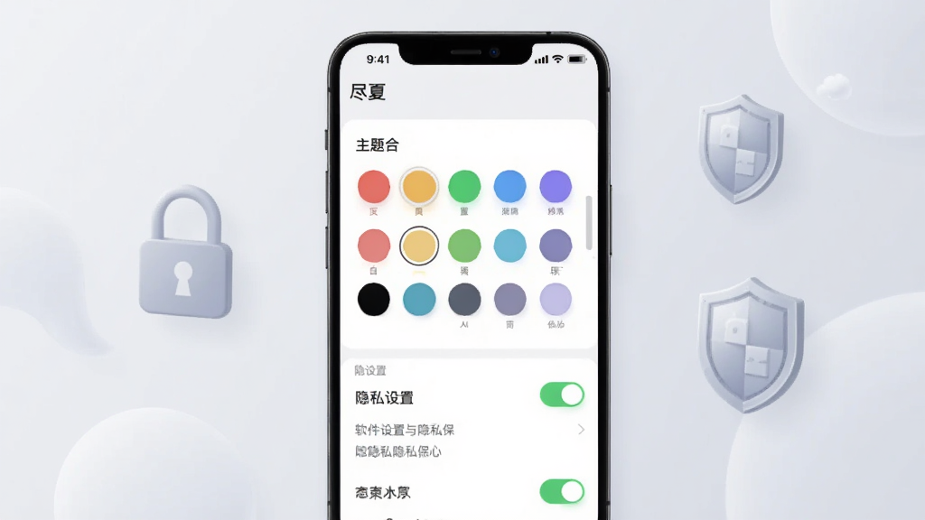 一张展示“尽夏”软件设置与隐私保护界面的手机截图风格图,画面中手机屏幕显示主题颜色选择器和隐私设置开关,背景为柔和的浅灰色调,带有锁形图标和盾牌元素,整体风格简洁专业,画质干净,文字包含“尽夏”字样。