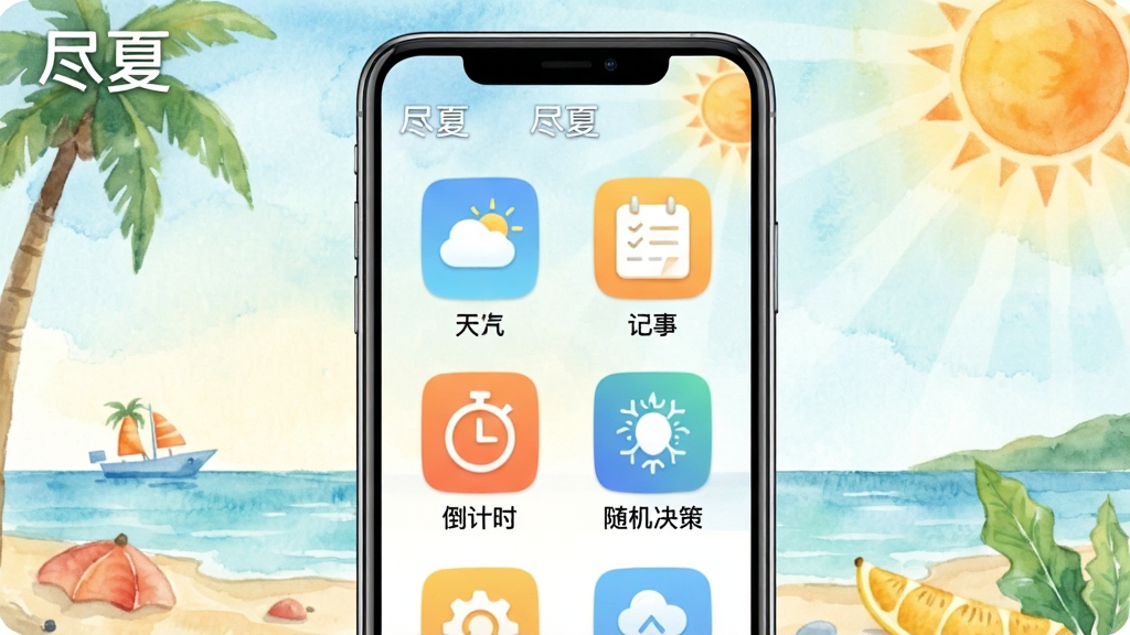 一张展示“尽夏”软件多功能工具面板的示意图,画面中央为手机屏幕,屏幕内以网格形式排列着天气、记事、倒计时、随机决策等功能图标,每个图标下方有简短文字标注,背景为淡雅的水彩风格夏日元素,整体排版整齐,画质清晰,文字包含“尽夏”标识。