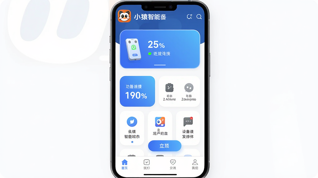 СԳ�����豸App�ٷ�����չʾ������Ϊһ�������ֻ���Ļ��ʾӦ����ҳ�棬����Ϊ����Ʒ��Logo���豸����״̬��Ƭ���в�����ģ��ͼ�����񣬵ײ����������Ű������������Ϊ�ִ��Ƽ��б�ƽ����ƣ�ϸ�ڰ�����ɫ���䰴ť��Բ�ǿ�Ƭ���豸״ָ̬ʾ�ƣ����ʸ��壬�ɾ����޶���Ԫ��