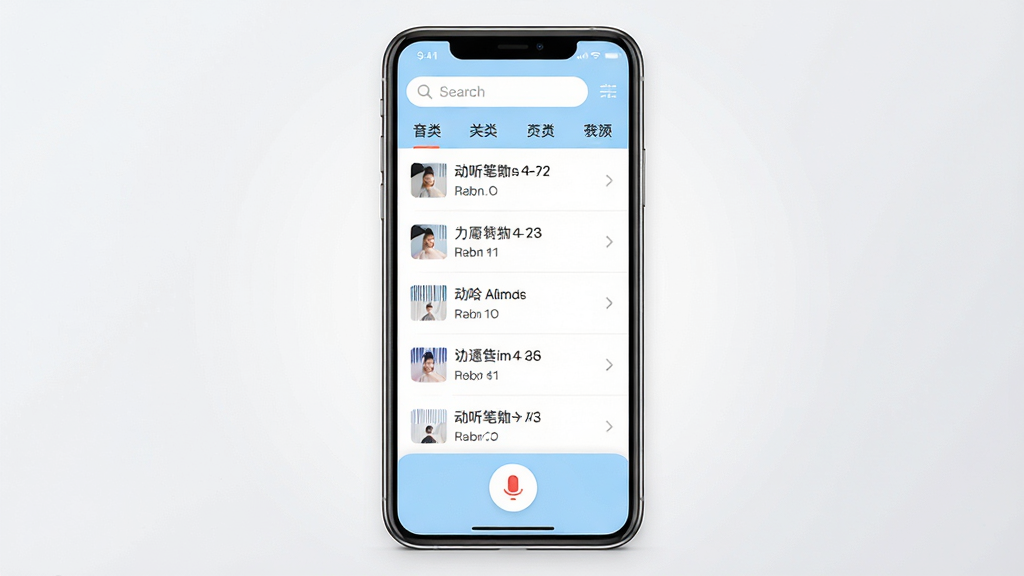 动听笔记软件主界面展示,中央放置手机屏幕,屏幕内显示音频转文字笔记列表,界面采用浅蓝色与白色配色,顶部有搜索栏与分类标签,底部有悬浮录音按钮,背景为干净的浅灰色渐变,整体风格清新简约,细节清晰,画质干净,无多余元素