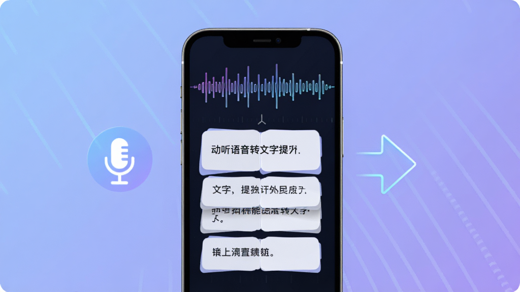 动听笔记智能语音转文字功能展示,画面中央为手机屏幕,屏幕内显示声波图形正在转化为文字段落,文字以卡片形式排列,旁边有麦克风图标与转换箭头,背景为柔和的蓝紫色渐变,风格科技感与简洁感结合,细节清晰,画质干净,无多余元素