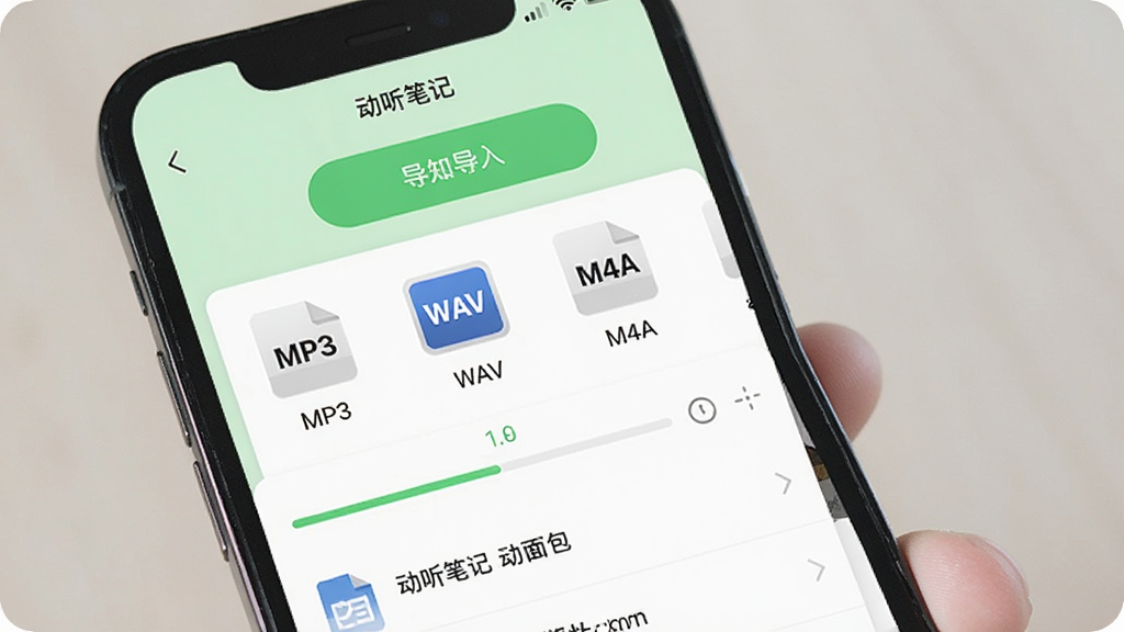 动听笔记多格式音频导入界面,手机屏幕内显示文件选择列表,包含MP3、WAV、M4A等格式图标,屏幕上方有导入按钮,下方有进度条与笔记列表,背景为浅绿色与白色搭配,风格清爽实用,细节清晰,画质干净,无多余元素