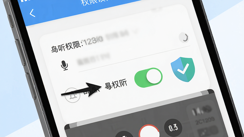 动听笔记移动端操作指引图,画面为手机屏幕特写,屏幕内显示权限设置页面与录音界面,有箭头指向麦克风权限开关,旁边有盾牌与对勾图标,背景为浅蓝色与白色,风格简洁清晰,细节干净,画质干净,无多余元素