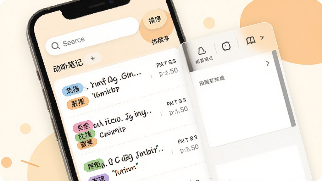 动听笔记笔记编辑与分类管理界面,手机屏幕内显示笔记列表与编辑面板,笔记带有彩色标签与时间戳,屏幕上方有搜索框与排序按钮,背景为米白色与浅橙色点缀,风格温馨整洁,细节清晰,画质干净,无多余元素