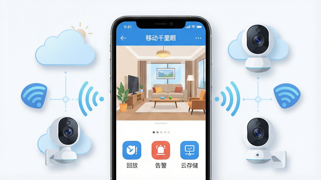 һ��չʾ�ƶ�ǧ����APP���Ĺ��ܵĳ���ͼ������������һ�������ֻ�����Ļ����ʾ�š��ƶ�ǧ���ۡ�ʵʱ��ػ��棬�������п����������·��лطš��澯���ƴ洢�ȹ���ͼ�ꡣ�ֻ���Χ��������������ͷ���ƶ䡢WiFi�źŵ�Ԫ�أ����岼���������Ű�Ϊ���й�ͼ�����Ϊ�Ƽ��б�ƽ���廭��ϸ�ڰ���������ͼ�����ֺ���͵���Ӱ������Ϊ����2K������ɾ����޶���Ԫ�ء�