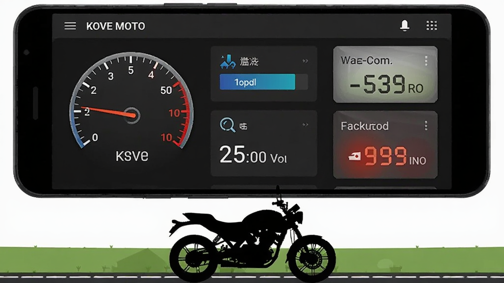 画面中心是一部安卓手机,屏幕显示KOVE MOTO应用主界面,深色背景上排列着转速表、水温条、电压数值和故障码状态卡片,手机下方是一辆停放在公路旁的摩托车轮廓,整体采用扁平化UI风格,布局清晰,细节包括仪表指针、数字读数和图标,画质高清,干净,无多余元素