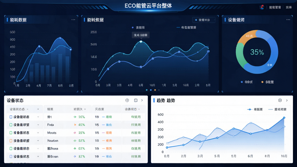 主体为ECO能管云平台的整体界面概览,布局采用上下结构,上方展示能耗数据仪表盘,下方为设备状态列表与趋势图表,排版简洁清晰,风格为现代科技感,细节包括蓝色主色调、动态数据曲线、圆形能耗占比图,画质高清,干净,无多余元素