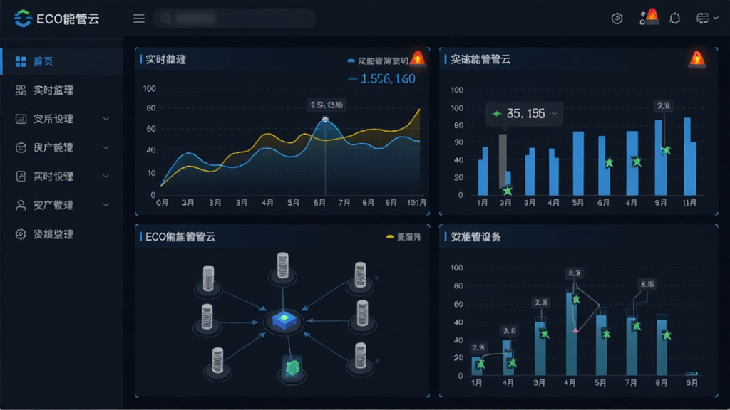 主体为ECO能管云实时监控界面,布局为左侧导航栏加右侧数据大屏,排版突出折线图与柱状图对比,风格为工业科技风,细节包括动态闪烁的报警指示灯、实时跳动的数字、设备拓扑图,画质清晰,干净,无多余元素