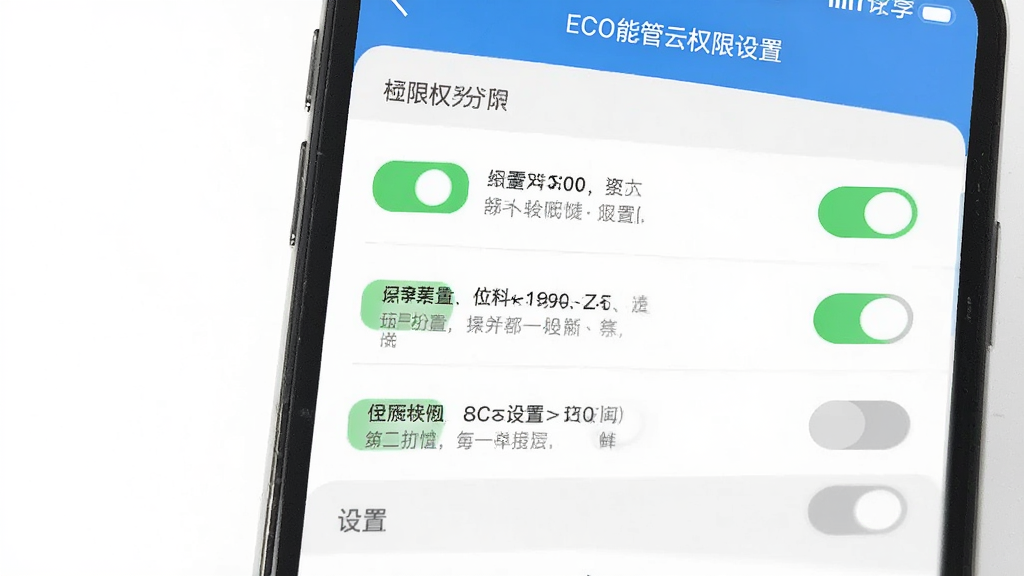 主体为手机屏幕显示ECO能管云权限设置界面,布局为设置菜单列表,排版突出权限开关按钮,风格为扁平化UI,细节包括绿色开启状态、灰色关闭状态、提示文字框,画质清晰,干净,无多余元素