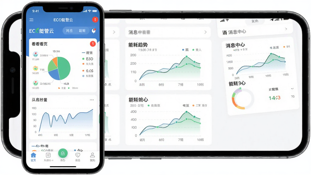 主体为ECO能管云移动端应用界面,布局为手机屏幕内展示首页看板与消息中心,排版上下滑动式,风格为清爽扁平化,细节包括底部导航栏、红色角标提醒、能耗趋势小图,画质清晰,干净,无多余元素