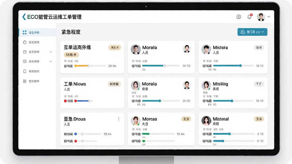主体为ECO能管云运维工单管理界面,布局为卡片式任务列表,排版按紧急程度排序,风格为简约商务,细节包括工单状态标签、人员头像、时间轴进度条,画质清晰,干净,无多余元素