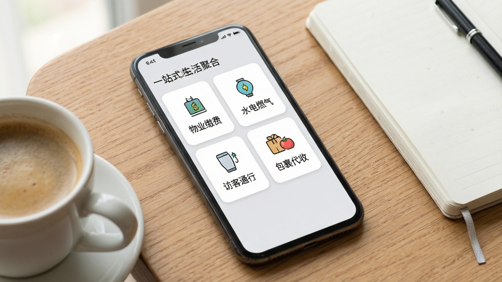 ���Ӹ�����Ӧ�ý���չʾһվʽ����ۺ�ҳ�棬��Ļ�Ϸ���ʾ��ҵ�ɷѡ�ˮ��ȼ�����ÿ�ͨ�С����������ĸ���Ƭ��ÿ����Ƭ���м��ͼ�������˵��������Ϊǳ��ɫ���ֻ�������ľ�������ϣ��Ա���һ�����ȺͱʼǱ���������������������������ɾ����޶���Ԫ��