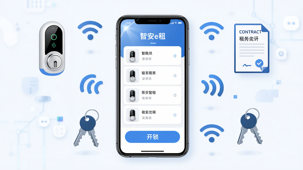 ��������չʾһ�������ֻ�����Ļ����ʾ���ǰ�e�⡱Ӧ�������棬������������б��뿪����ť���ֻ���Χ���������������ⷿ��ͬ��Կ��ͼ���WiFi�źŷ��ţ����ֲ������ҶԳƵ�����ʽ��ͼ���Ű�����������ͻ�������Ϊ�ִ���ƽ���Ƽ��磬������ɫ��ϸ�����ֻ���Ļ����΢�߹⣬ͼ���Ե����������Ϊ4K���壬����ɾ����޶���Ԫ��