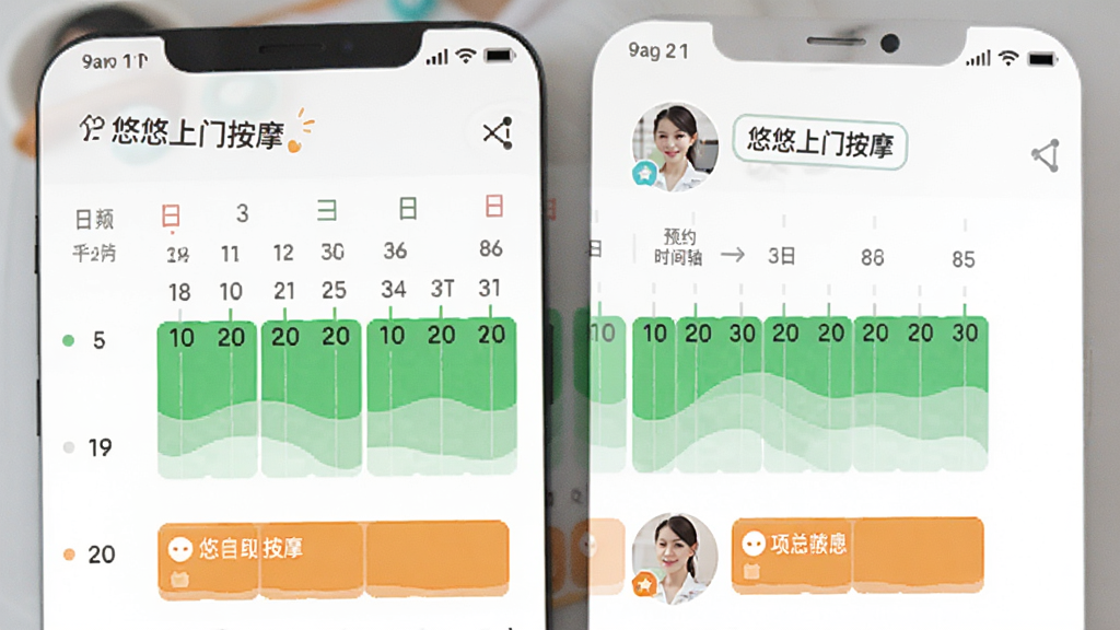 手机日历界面与预约时间轴,显示可预约时段为绿色,已预约时段为橙色,界面中有技师头像与项目名称标签,整体布局为上下结构,风格为清新简约的移动端设计,画质清晰,带有