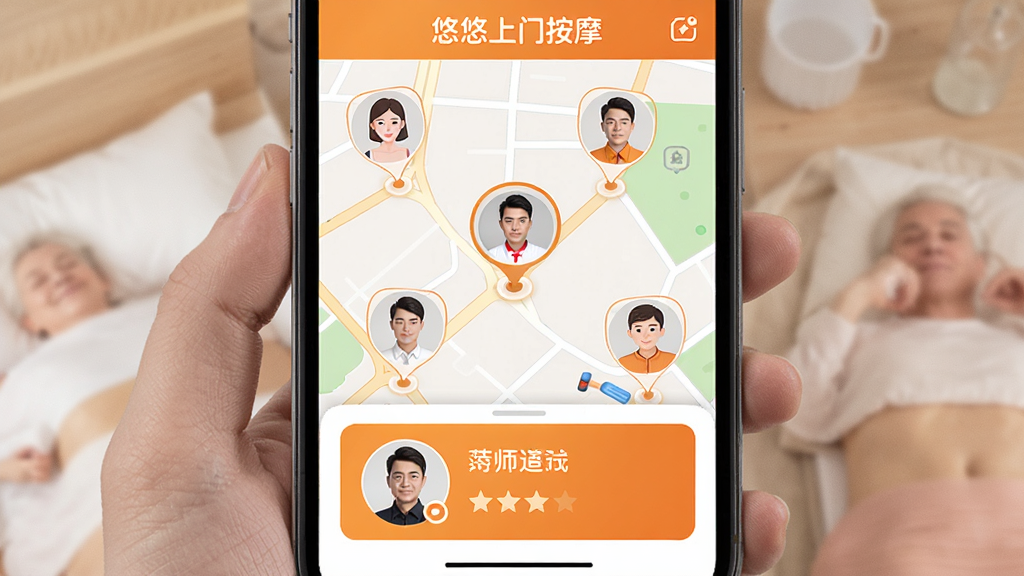 手机界面展示地图与技师头像标记点,地图上分布多个技师位置图标,底部弹出技师卡片显示距离和评分,界面风格简洁明快,主色调为暖橙色与白色搭配,画质高清,无杂乱元素,画面中带有