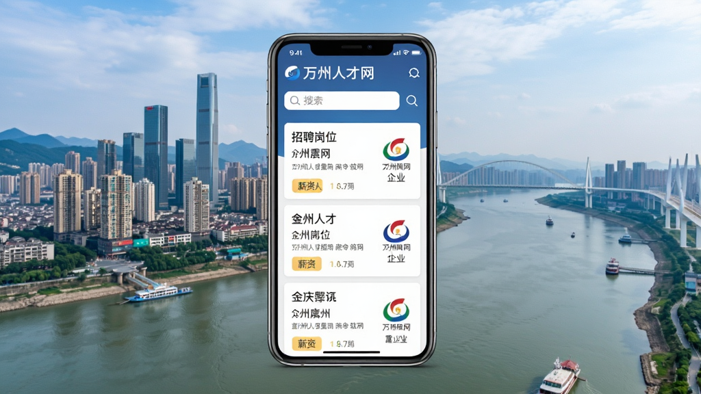 万州人才网软件主界面全貌展示,画面中央放置一部智能手机,屏幕内呈现招聘岗位列表与搜索栏,背景为重庆万州城市天际线与长江,主体清晰,布局居中,排版简洁,风格写实商务,细节包含岗位卡片、薪资标签、企业Logo,画质高清,干净,无多余元素
