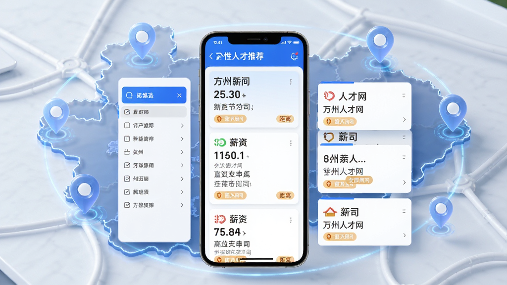 万州人才网智能推荐功能展示图,画面主体为手机屏幕显示个性化岗位推荐列表,周围环绕万州地图轮廓与定位图标,布局左侧为筛选条件,右侧为岗位卡片,排版清晰,风格现代科技感,细节包含薪资数字、公司名称、距离标签,画质高清,干净,无多余元素