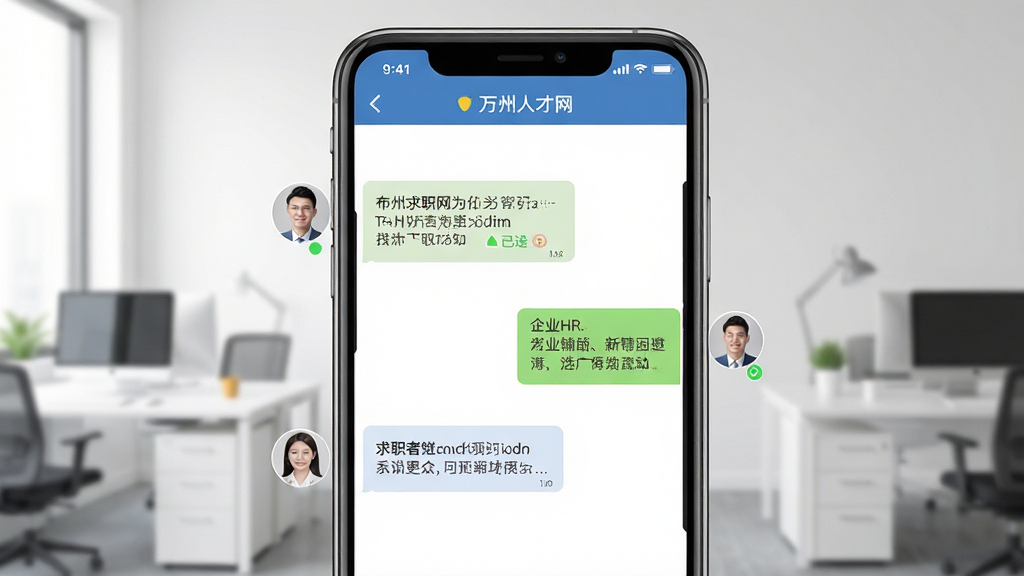万州人才网在线直聊界面示意图,画面中央为手机聊天窗口,左侧显示求职者头像与消息气泡,右侧显示企业HR回复内容,背景为简洁办公场景,布局对称,排版整齐,风格亲和力强,细节包含在线状态标识、已读提示,画质高清,干净,无多余元素