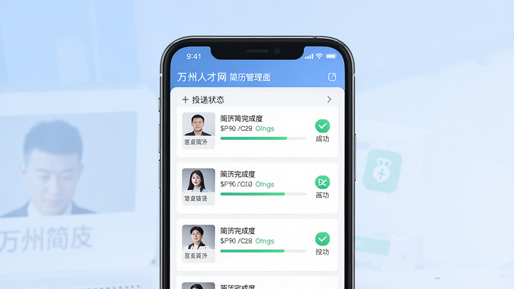 万州人才网简历管理页面展示图,画面主体为手机屏幕显示简历列表与投递状态,背景为浅蓝色渐变,布局上下结构,排版简约,风格商务清新,细节包含简历完成度进度条、投递成功图标,画质高清,干净,无多余元素