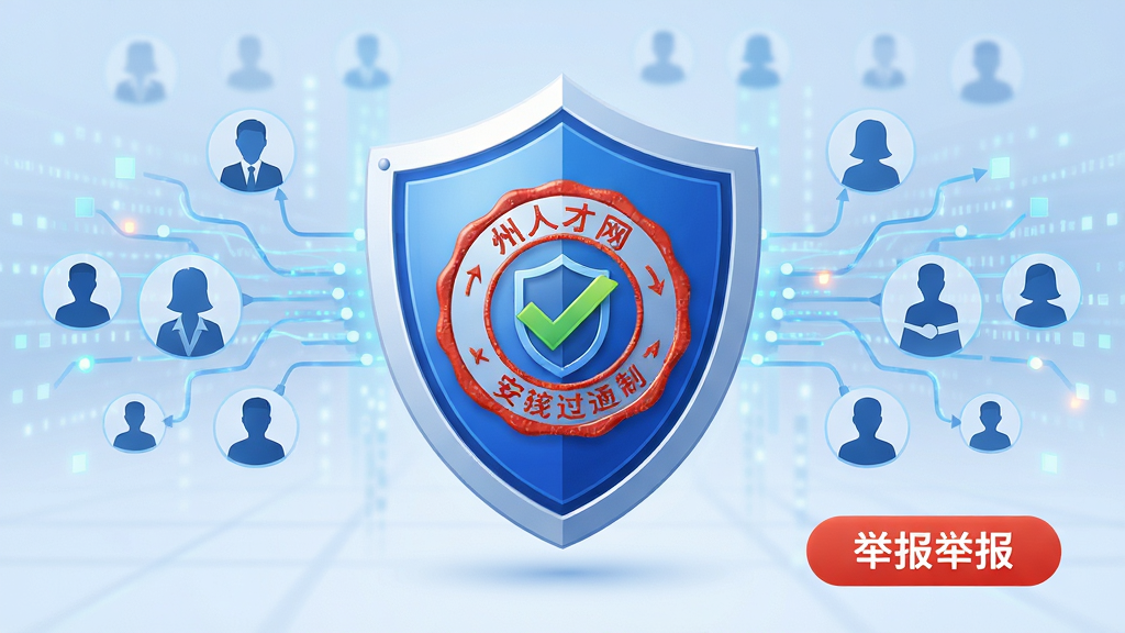 万州人才网安全审核机制示意图,画面主体为盾牌图标与审核通过印章,背景为数据流与用户头像剪影,布局居中对称,排版简洁,风格安全可靠,细节包含认证标识、举报按钮,画质高清,干净,无多余元素