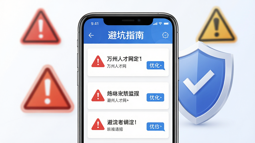 万州人才网手机端操作界面与安全提示示意图,画面主体为手机屏幕显示避坑指南列表,背景为警示图标与盾牌,布局上下结构,排版清晰,风格安全提示,细节包含红色警告标志、蓝色优化标签,画质高清,干净,无多余元素