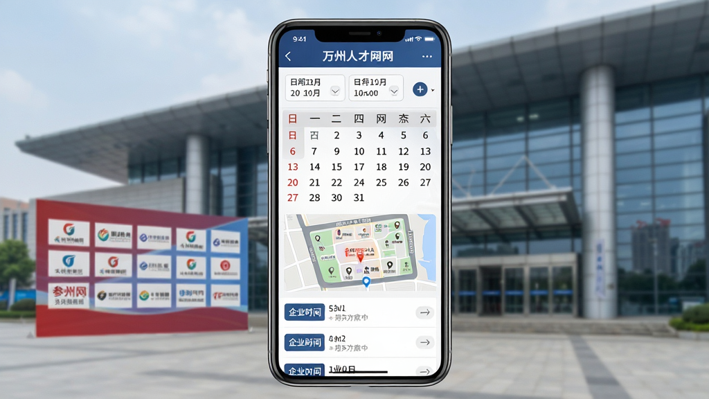 万州人才网现场招聘会信息页面图,画面展示手机屏幕中的招聘会日历与场馆地图,背景为万州会展中心外景,布局上方为日期筛选,下方为企业列表,排版规整,风格正式商务,细节包含参会企业Logo墙、时间标签,画质高清,干净,无多余元素