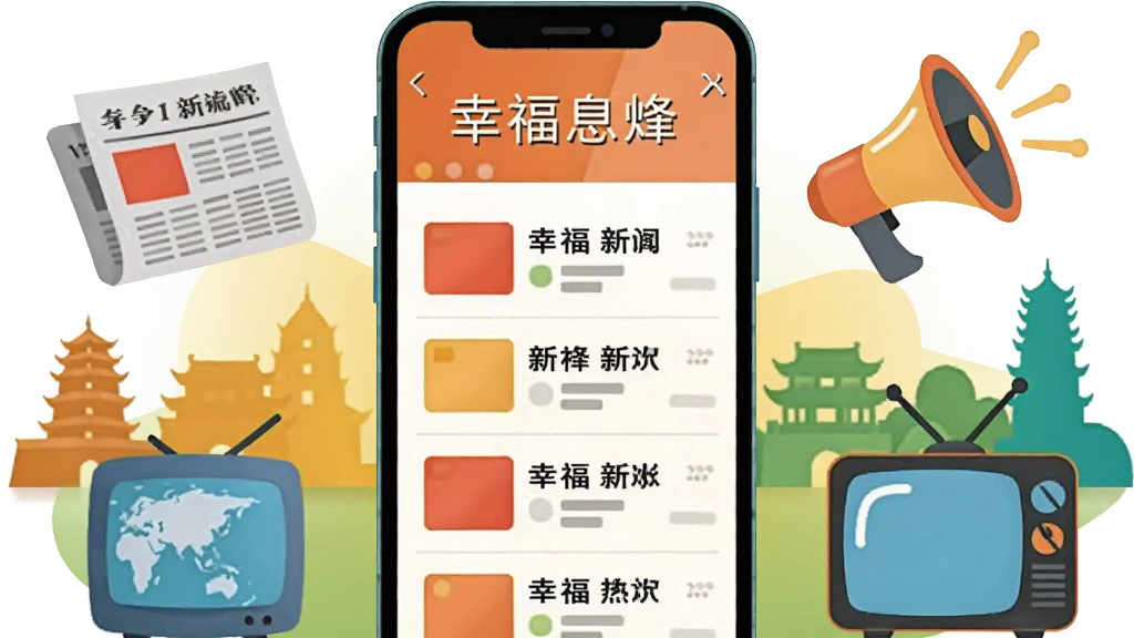 一幅信息图风格插画,画面中心是一部手机,手机屏幕显示“幸福息烽”新闻列表,周围环绕着报纸、喇叭、电视等图标,背景是息烽地标建筑剪影。风格简洁现代,色彩明快,画质清晰,无多余元素。