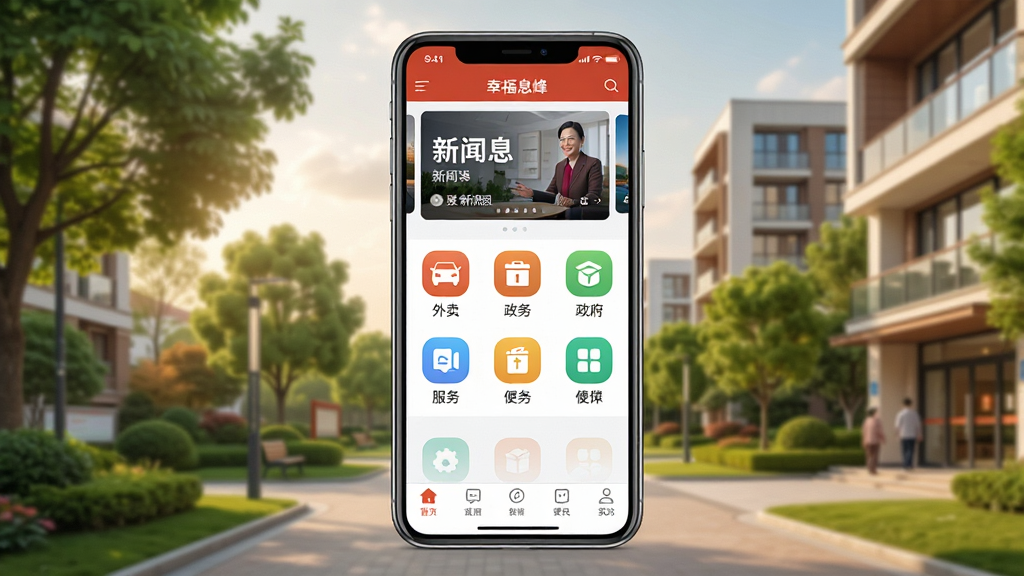 一张展示智能手机屏幕的图片,屏幕中显示“幸福息烽”应用的主界面,界面顶部有新闻资讯轮播图,中部有外卖、政务、便民服务等图标网格,底部有导航栏。背景为温馨的社区场景,有绿树和现代建筑。风格为写实UI展示,细节清晰,画质干净,无多余元素。