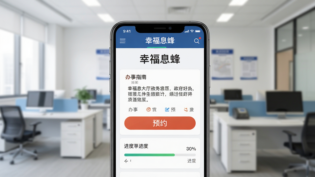 一张展示政务办事界面的图片,手机屏幕显示“幸福息烽”政务大厅页面,有办事指南、预约按钮和进度条。背景为简洁的办公环境,风格专业清晰,画质干净,无多余元素。