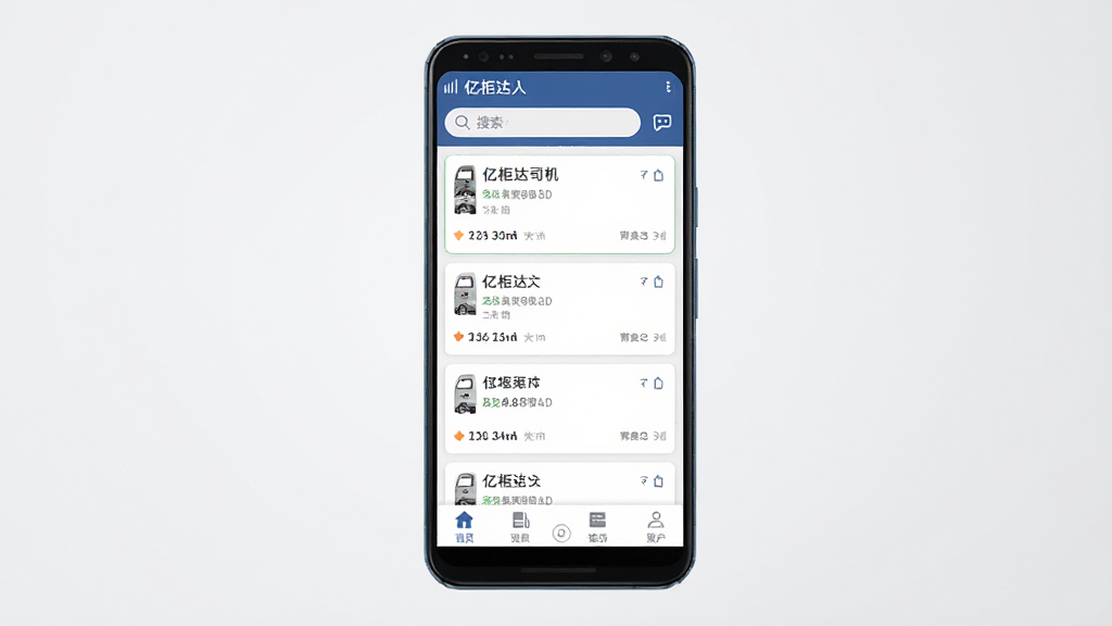 亿柜达软件主界面展示,画面中央是一部安卓手机,手机屏幕上显示亿柜达司机端订单列表页面,顶部有搜索栏和消息图标,中部为订单卡片列表,底部为导航菜单栏,背景为干净浅灰色渐变,整体风格简洁商务,细节清晰,画质高清,干净无多余元素