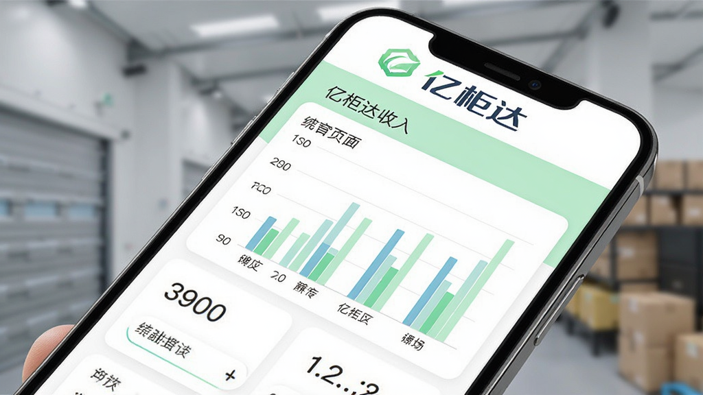 亿柜达收入统计页面,手机屏幕显示柱状图与数字统计,页面顶部有亿柜达标识,背景为白色与浅绿色搭配,风格清新,画质高清,干净无多余元素